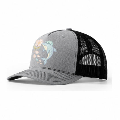 Dolphin Sakura Leap Leaping Through Blossoms Pale Aqua Cap C Trucker Hat – Sport Grey-Black