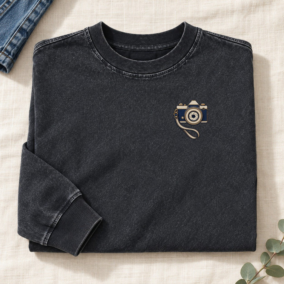 Camera Iris Symbol Emblems Left Chest Washed Long Sleeve T-Shirt – Black