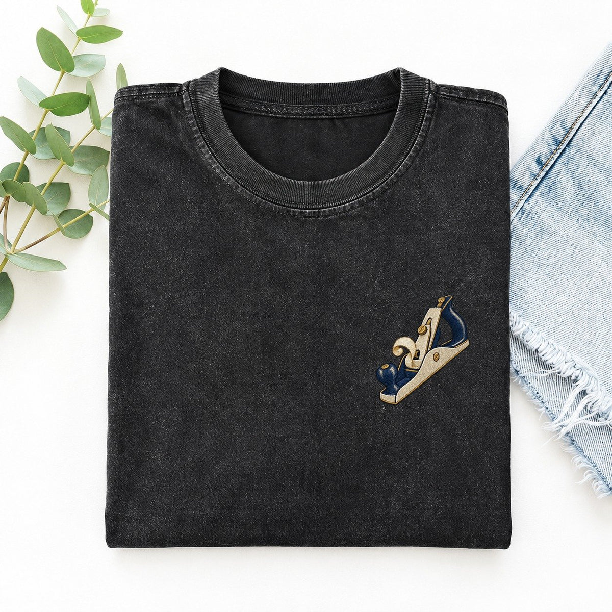 Wood Plane Symbol Emblems Left Chest Vintage T-shirt – Black