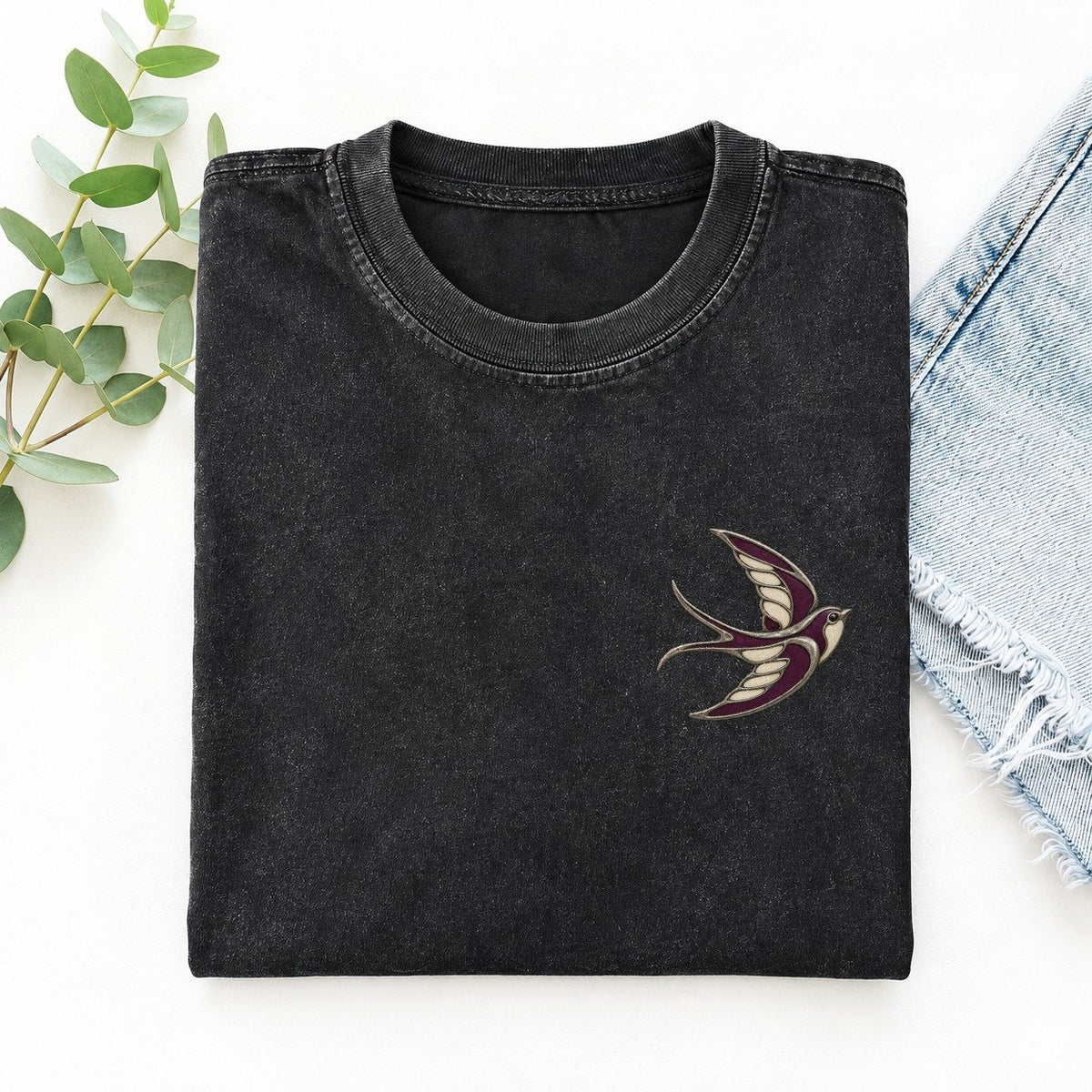 Swallow Swept Arc Keepsake Emblem Left Chest Vintage T-shirt – Black