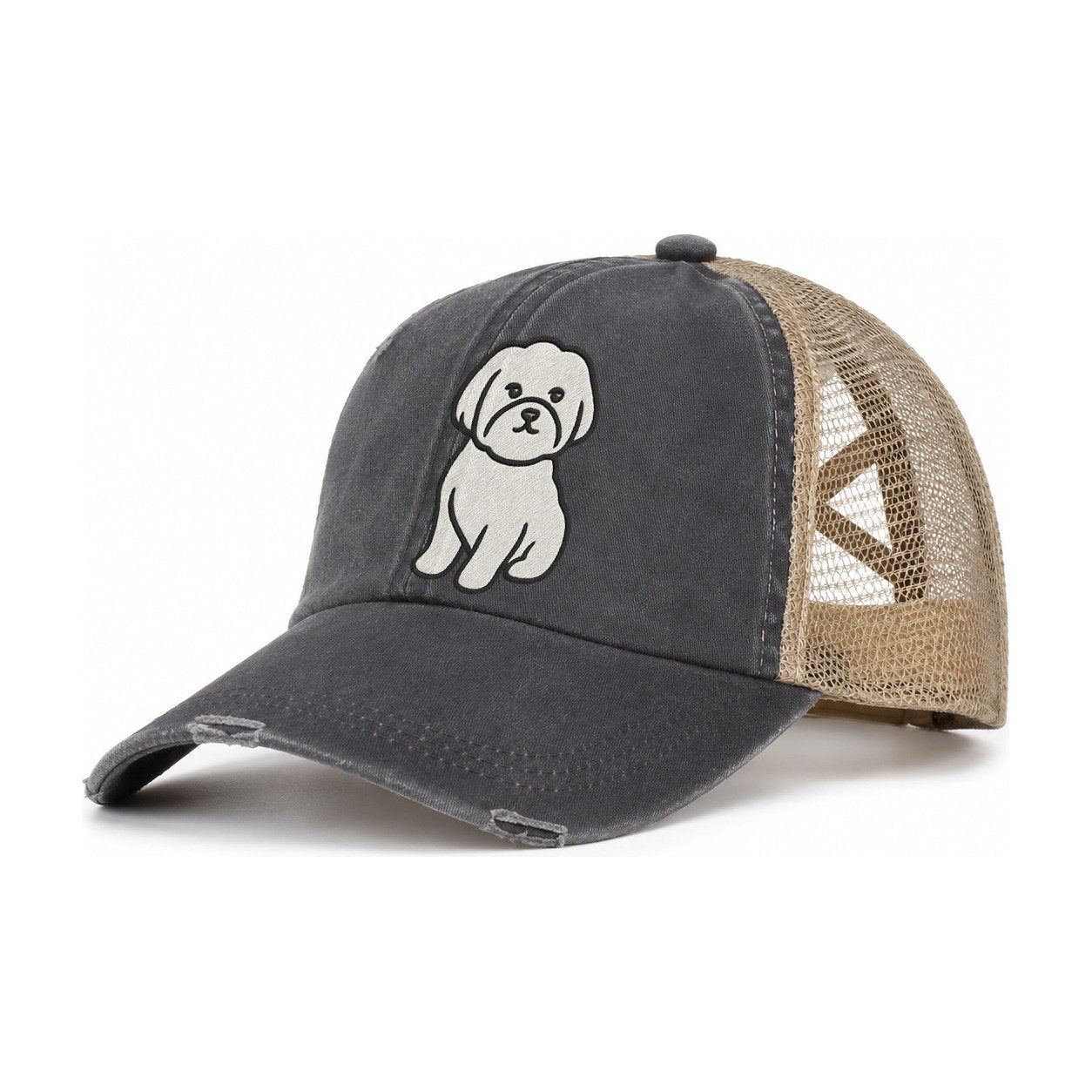 Maltese Pure White Fluffy Embroidered Design Women's Ponytail Trucker Hat – Charcoal Khaki