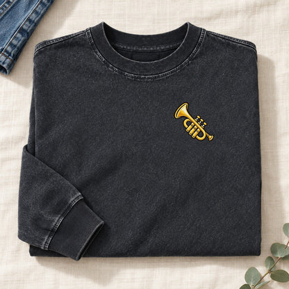Golden Trumpet Left Chest Washed Long Sleeve T-Shirt – Black