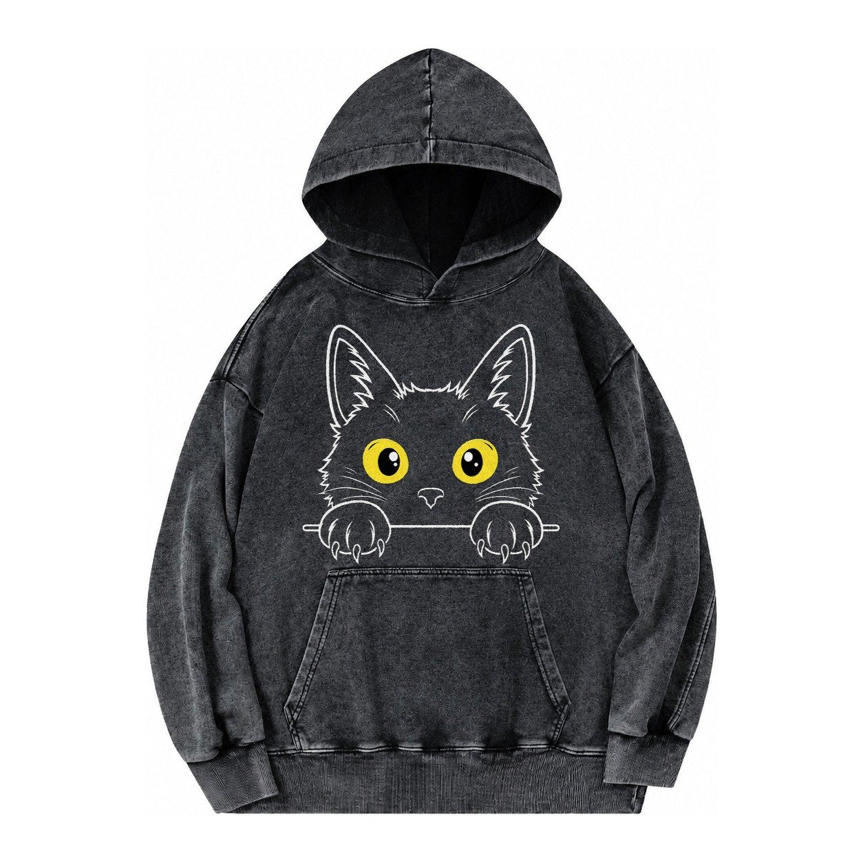 Black Cat Vintage Washed Hoodie – Black