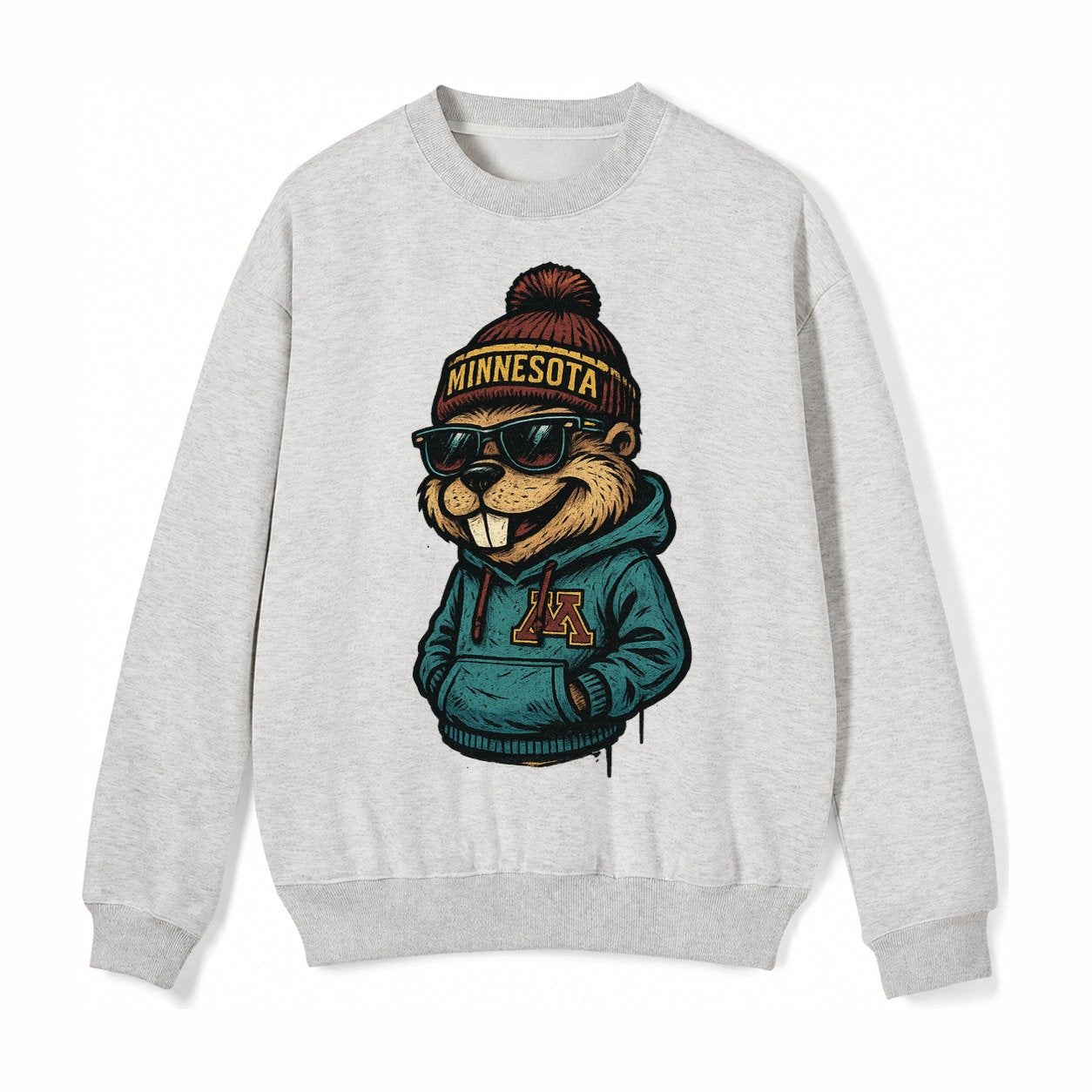 Minneapolis Gopher Wearing Minnesota Beanie With M Patch Fleece Sweatshirt – Light Gray
