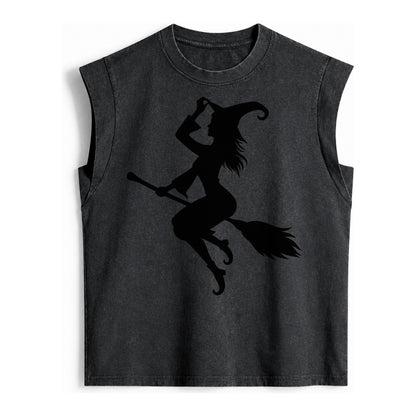 202308151409 Witch On Broom 4 Vintage Washed Tank – Black