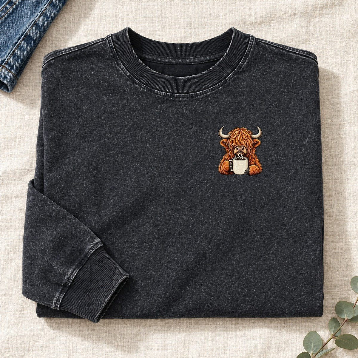 Highland Cow Coffee Left Chest Washed Long Sleeve T-Shirt – Black