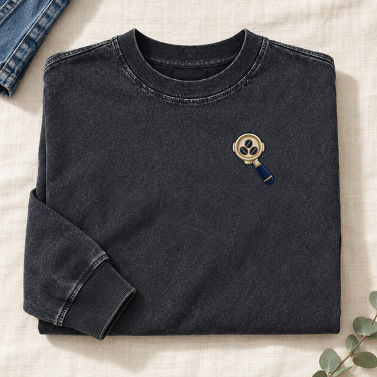 Coffee Portafilter Symbol Emblems Left Chest Washed Long Sleeve T-Shirt – Black