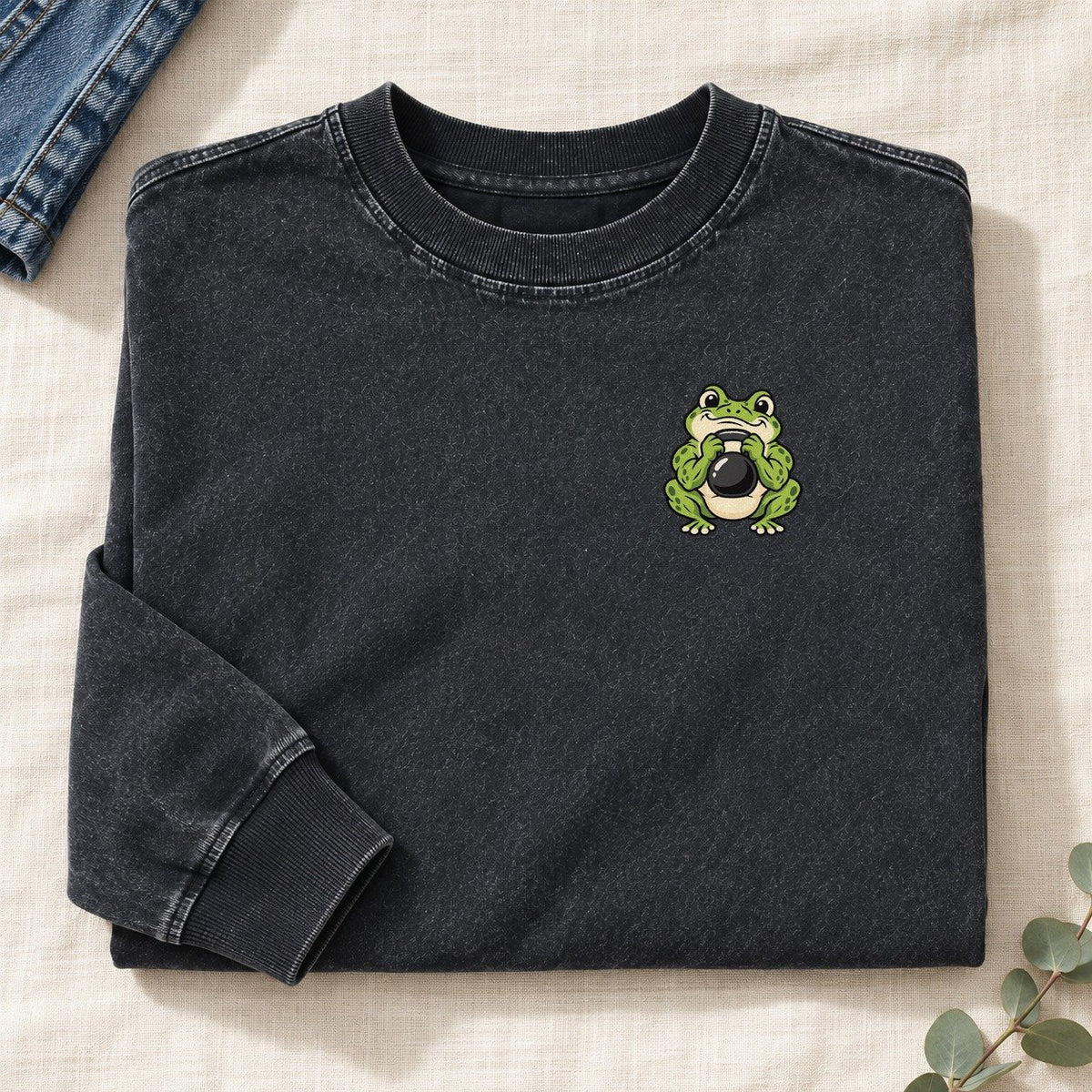 Kettlebell Frog Left Chest Washed Long Sleeve T-Shirt – Black