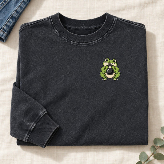 Kettlebell Frog Left Chest Washed Long Sleeve T-Shirt – Black