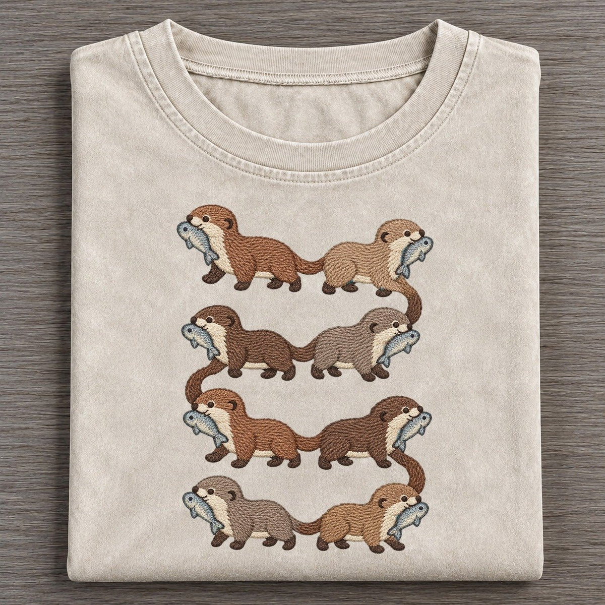 Otters With Fish Single File Vintage T-shirt – Off White