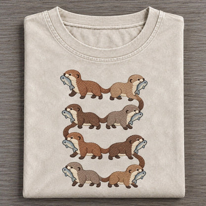 Otters With Fish Single File Vintage T-shirt – Off White