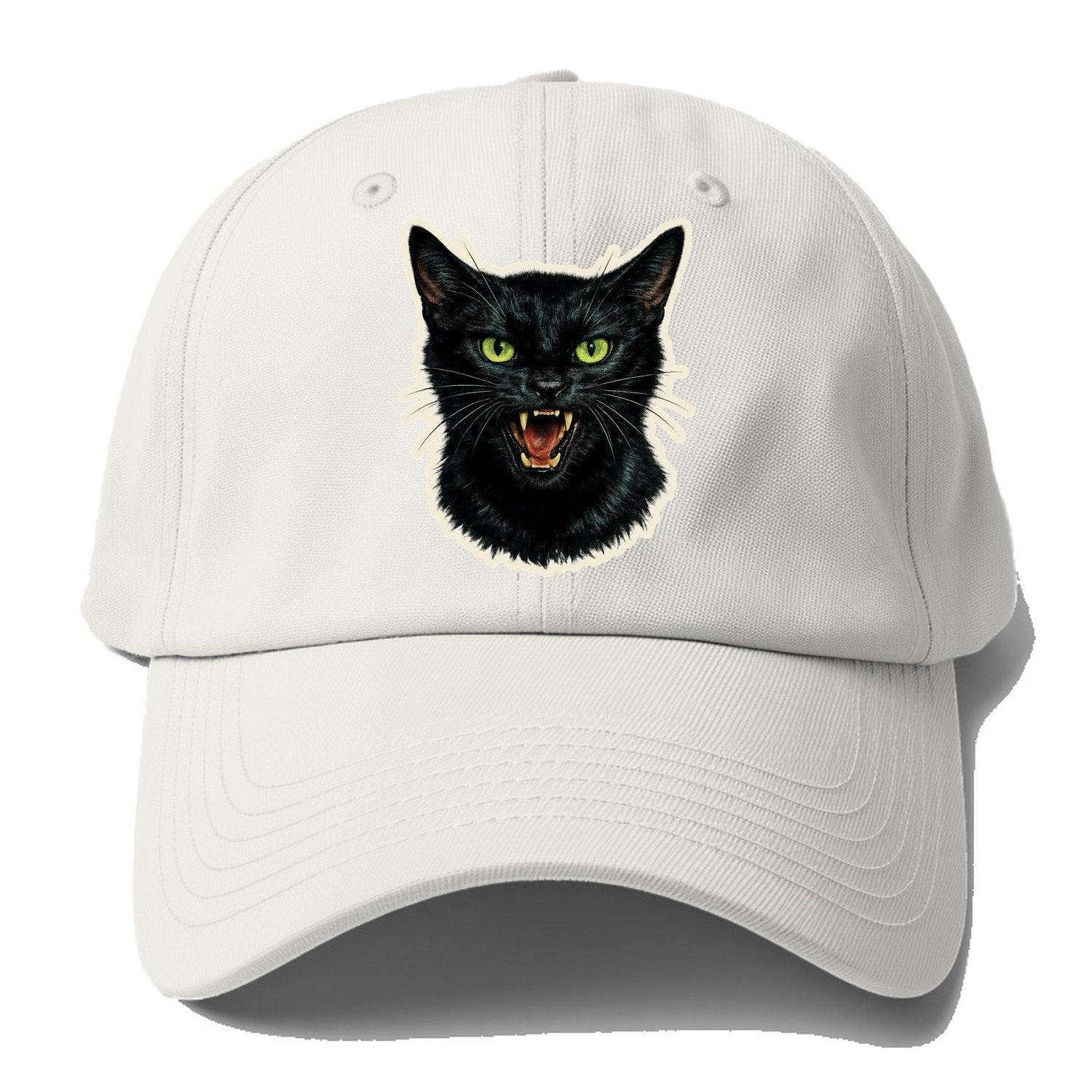 Hissing Green Eyed Black Cat Baseball Cap – Off White