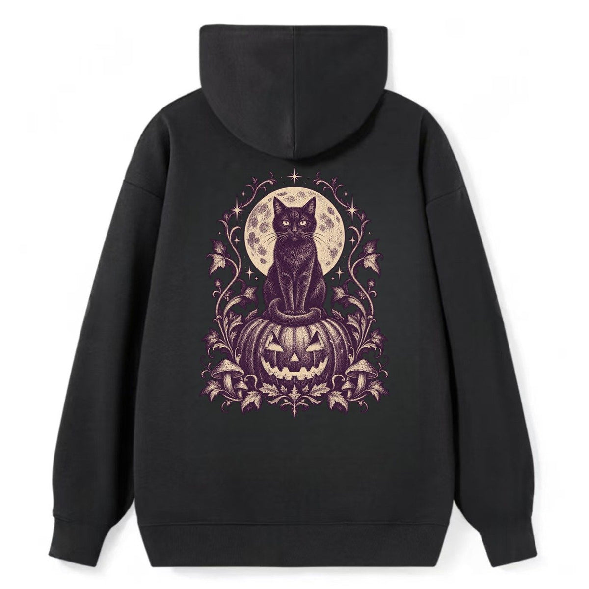 A Black Cat Sitting Upright On Top Of A Large Carved Jack O Lantern Tail Curled Around Its Paws A Full Moon Glowing Behind It Wordless Single Hue Gothic Engraving Portrait Midnight Haunt Classic Pullover Hoodie – Black