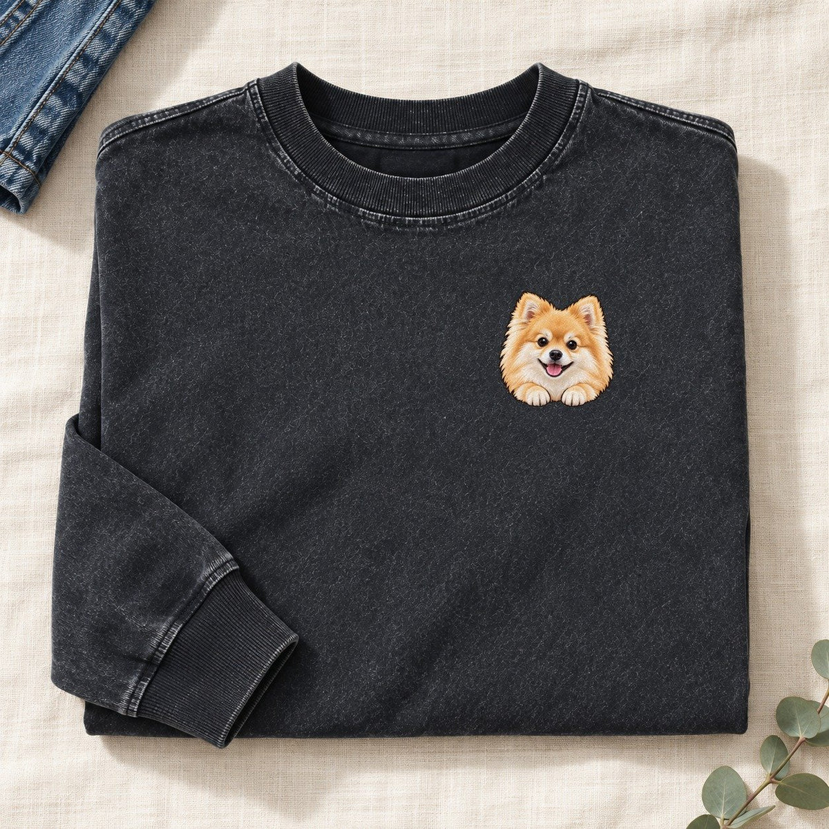Pomeranian Left Chest Washed Long Sleeve T-Shirt – Black