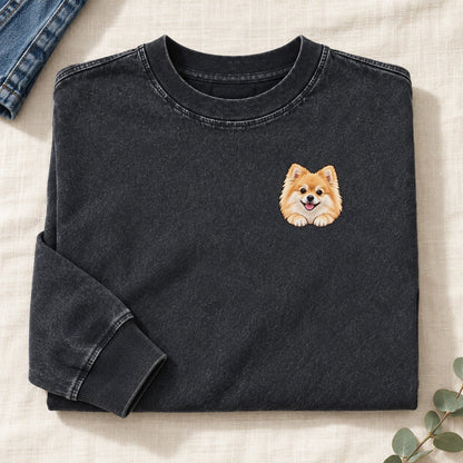 Pomeranian Left Chest Washed Long Sleeve T-Shirt – Black