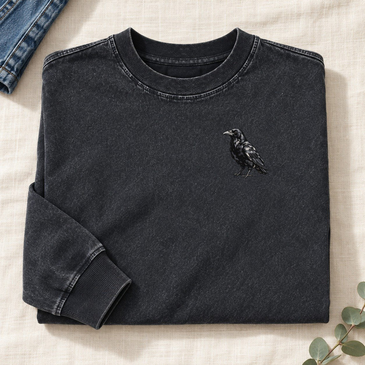 Raven Left Chest Washed Long Sleeve T-Shirt – Black