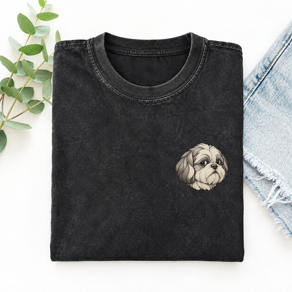 Shih Tzu Side Glance Keepsake Emblem Left Chest Vintage T-shirt – Black