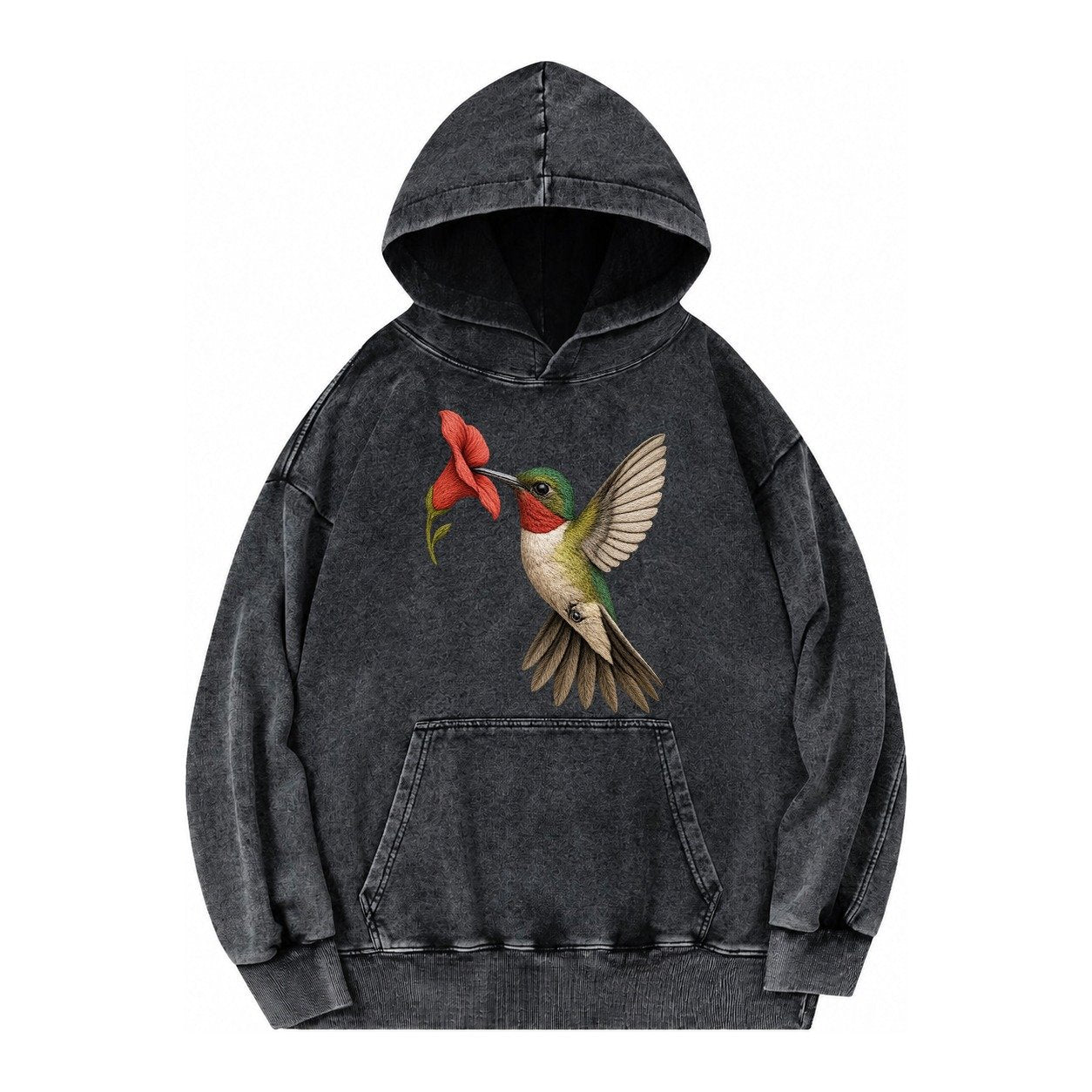 Hummingbird Harmony Vintage Washed Hoodie – Black