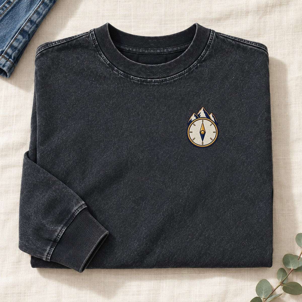 Mountain Compass Symbol Emblems Left Chest Washed Long Sleeve T-Shirt – Black