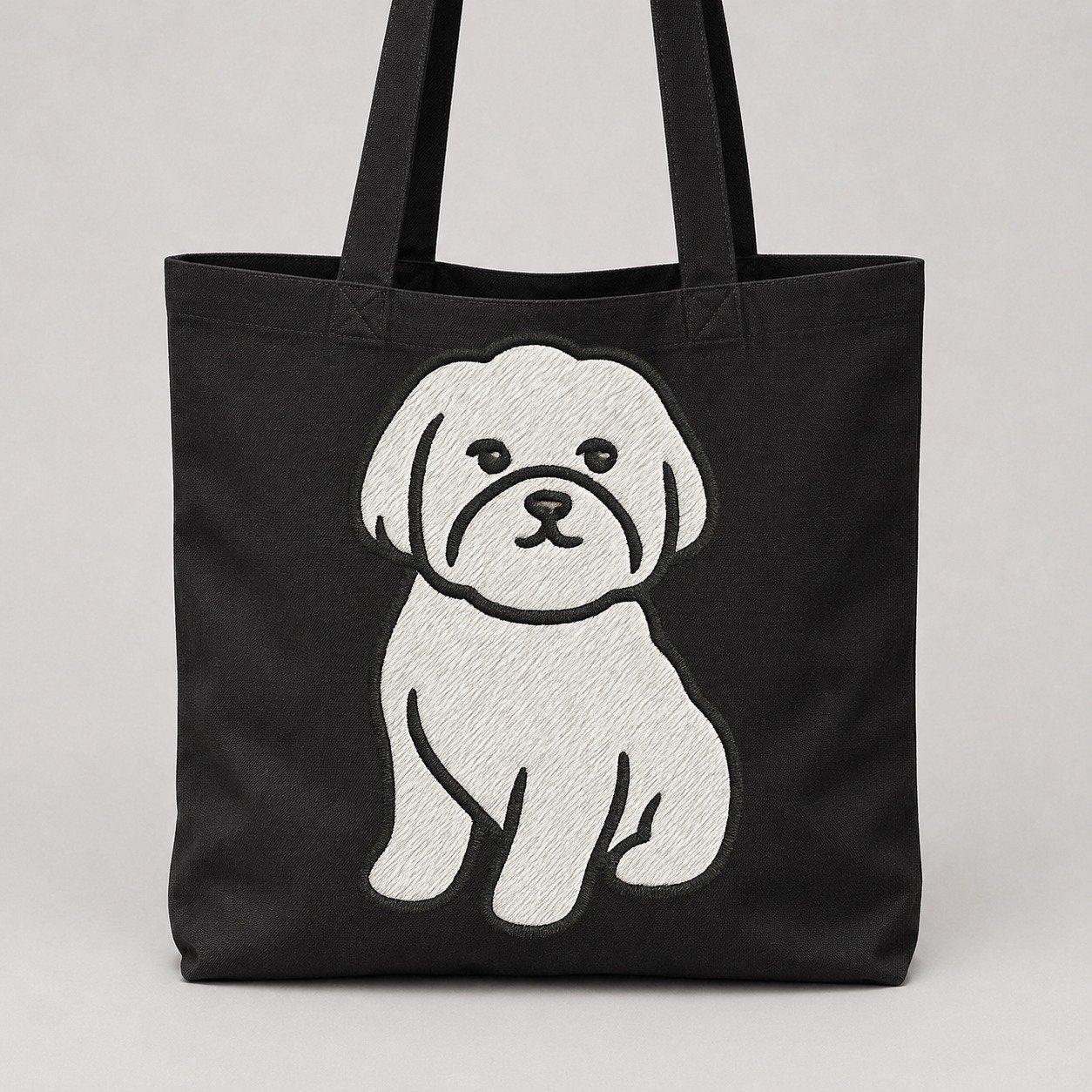 Maltese Pure White Fluffy Embroidered Design Tote Bag – Black