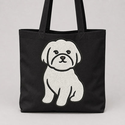 Maltese Pure White Fluffy Embroidered Design Tote Bag – Black