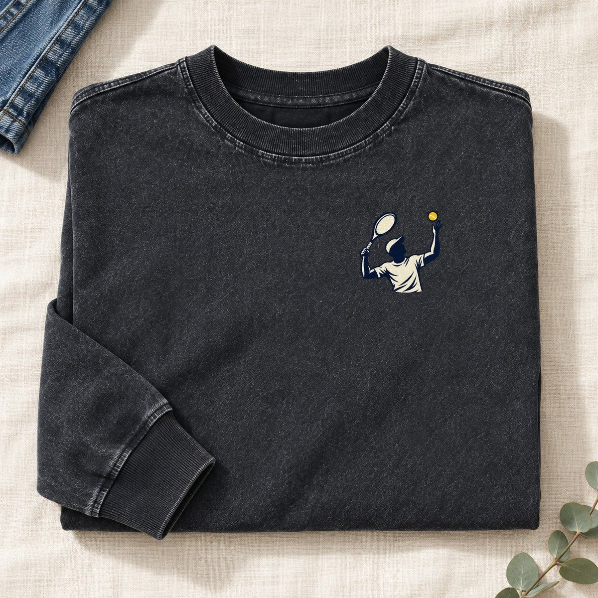 Tennis Serve Left Chest Washed Long Sleeve T-Shirt – Black