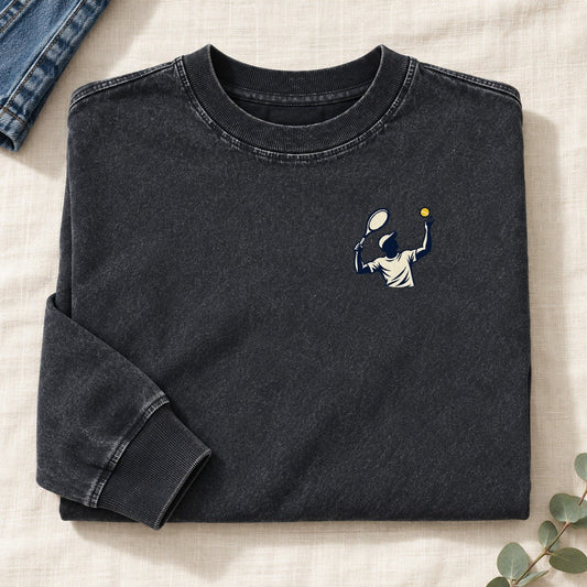 Tennis Serve Left Chest Washed Long Sleeve T-Shirt – Black