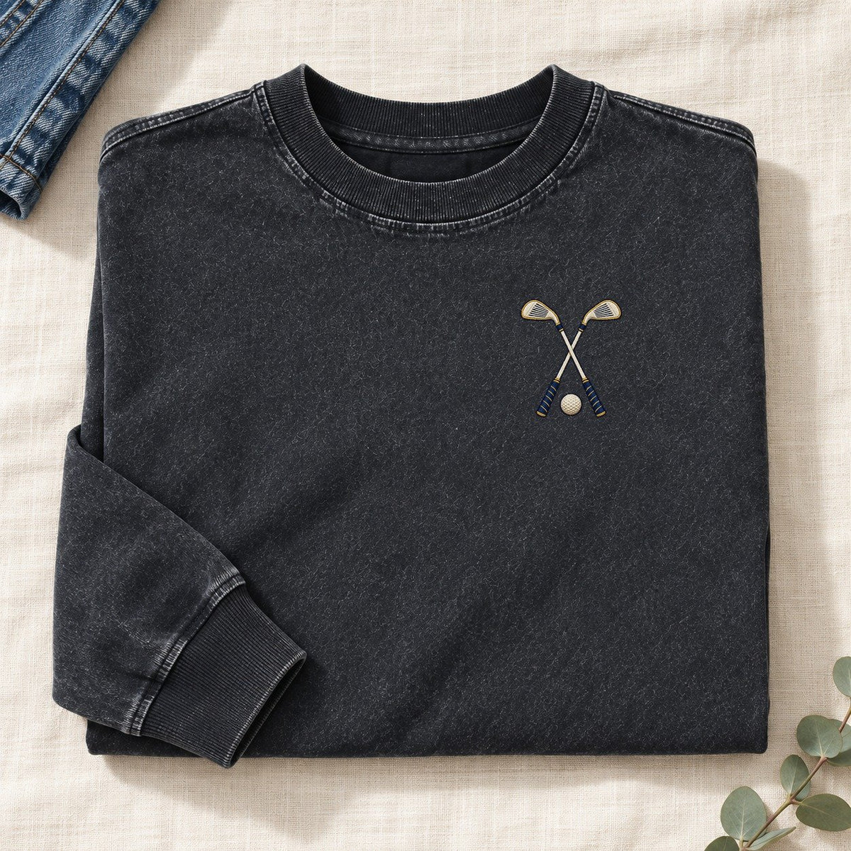 Golf Clubs Symbol Emblems Left Chest Washed Long Sleeve T-Shirt – Black