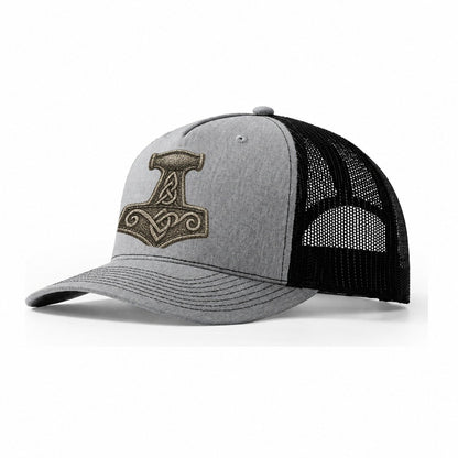 Mjolnir Thors Hammer Silver Thread Norse Protection Trucker Hat – Sport Grey-Black