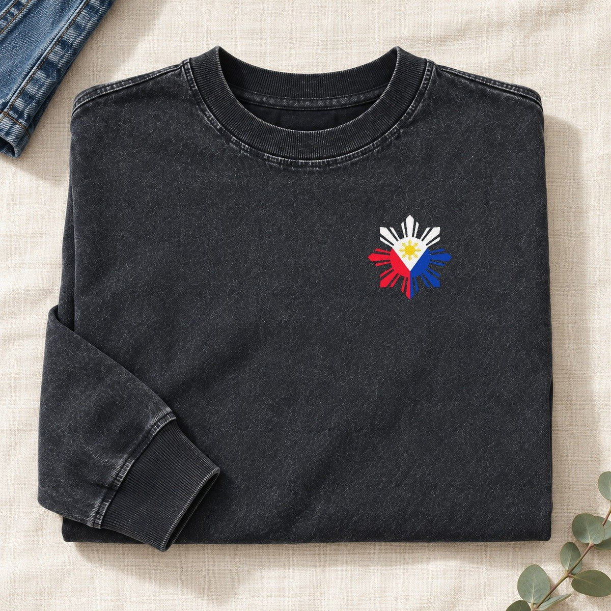 Philippines Sun and Stars Left Chest Washed Long Sleeve T-Shirt – Black