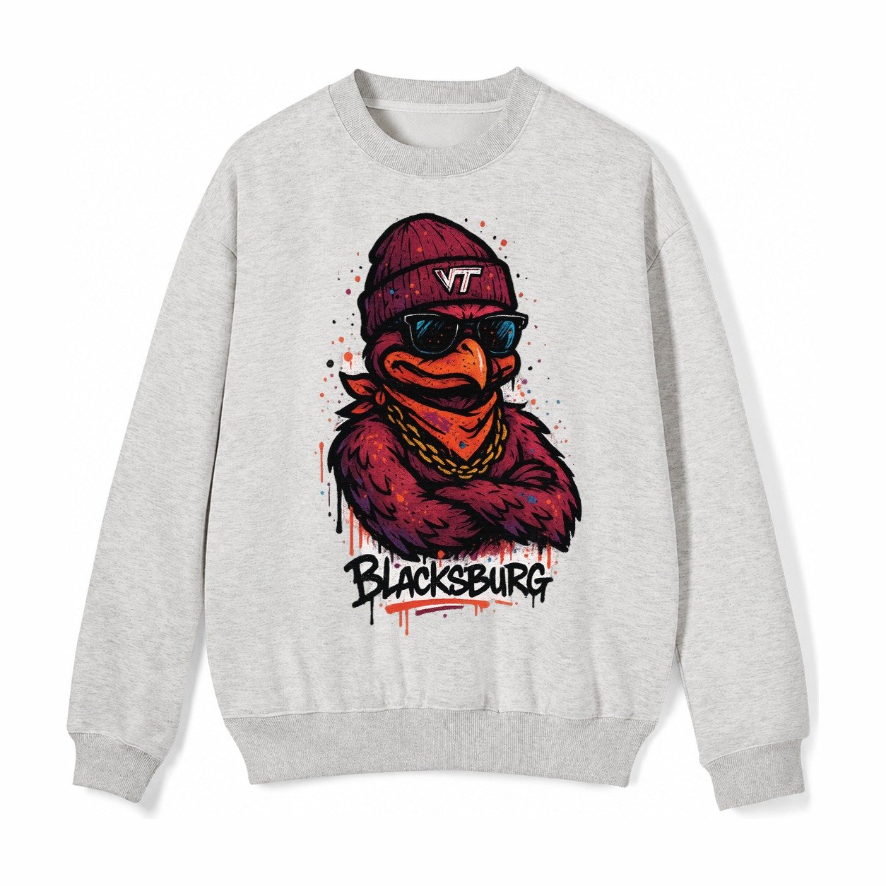 Blacksburg Hokiebird Wearing Virginia Tech Beanie With Vt Pa Fleece Sweatshirt – Light Gray