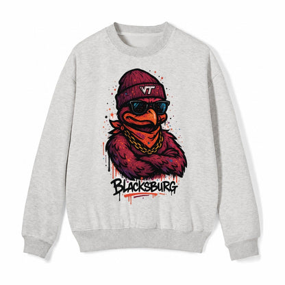 Blacksburg Hokiebird Wearing Virginia Tech Beanie With Vt Pa Fleece Sweatshirt – Light Gray