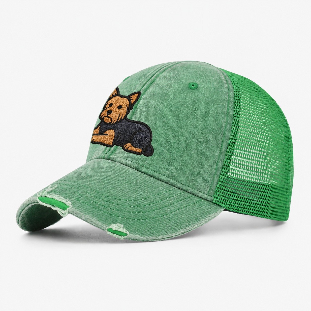 Yorkshire Terrier Blue And Tan Relaxed Lying Down With Head Washed Trucker Hat – Ink Green