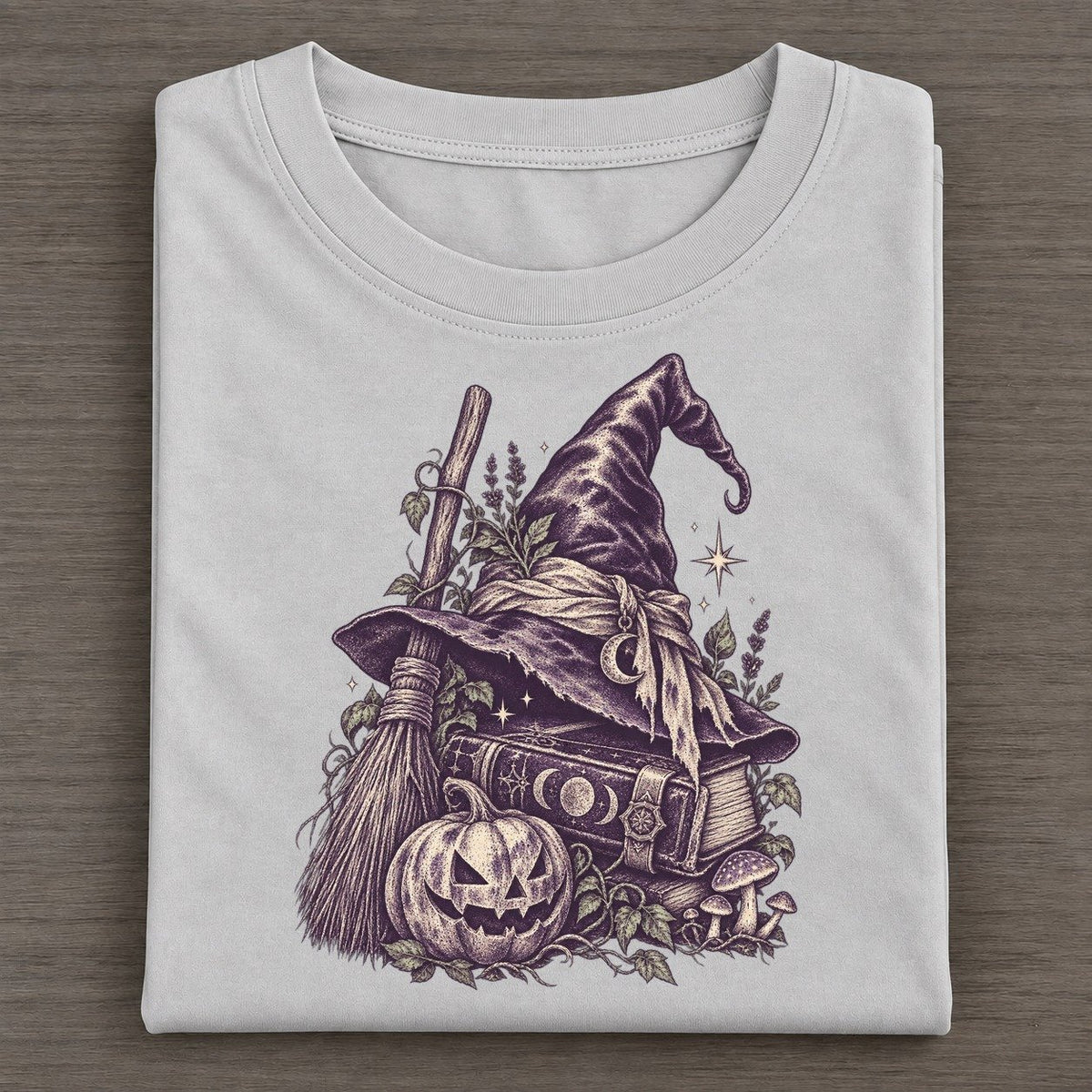 Witch Hat Broom And Spellbook Midnight Haunt Classic T-shirt – Grey