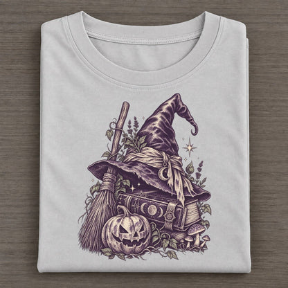 Witch Hat Broom And Spellbook Midnight Haunt Classic T-shirt – Grey