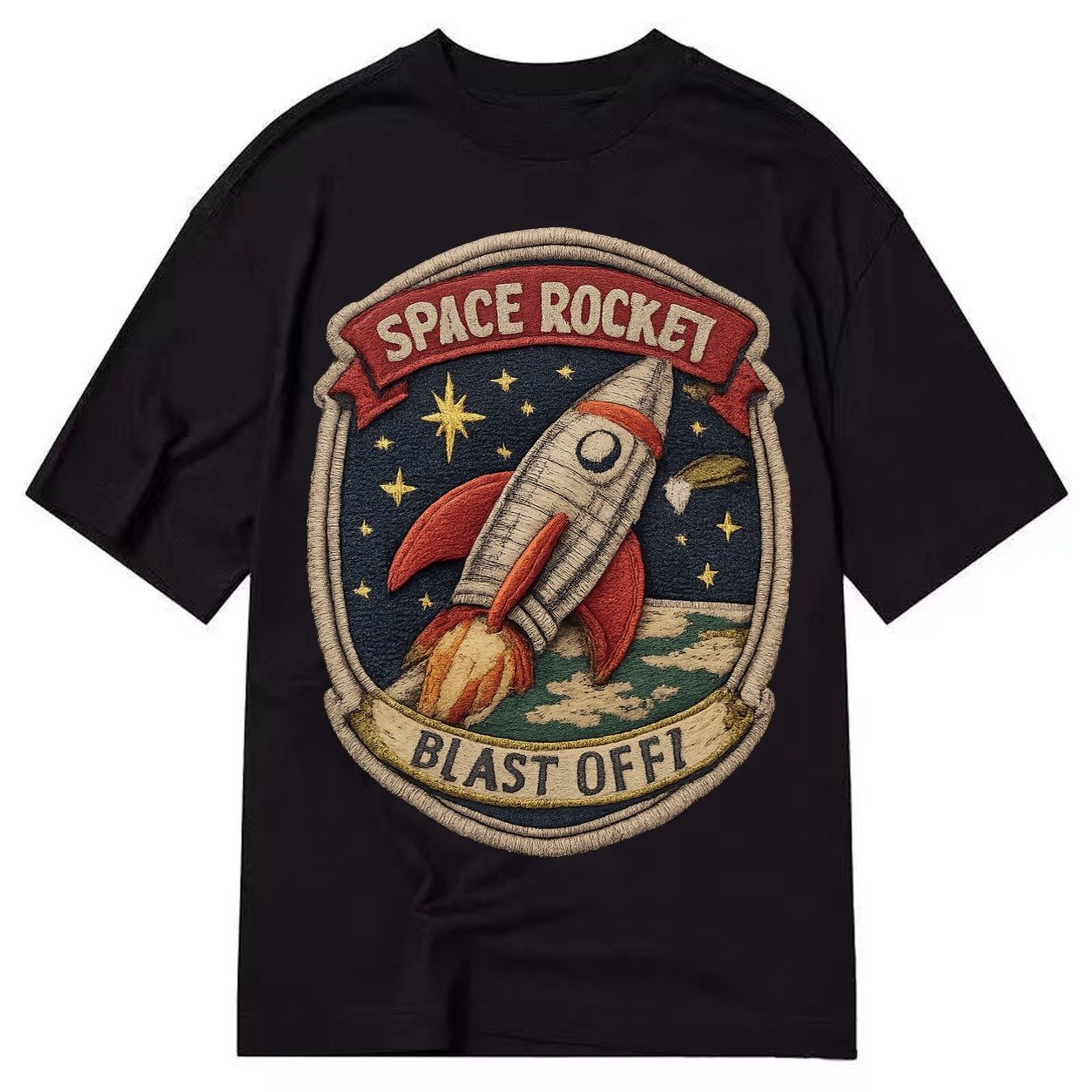 Embroidered Patch Design Retro Rocket 1950s Space Rocket In Classic T-shirt – Black