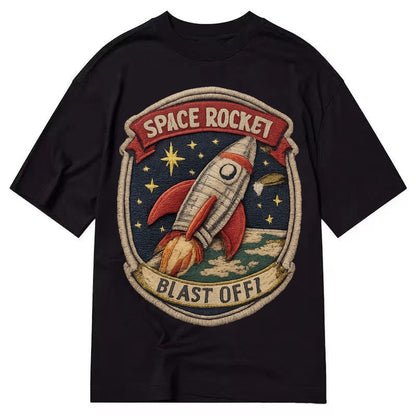Embroidered Patch Design Retro Rocket 1950s Space Rocket In Classic T-shirt – Black