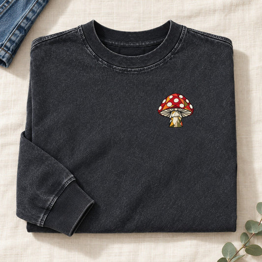 Geometric Mushroom Left Chest Washed Long Sleeve T-Shirt – Black
