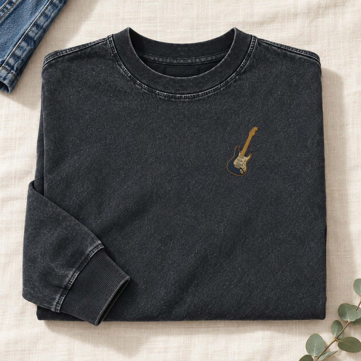 Electric Guitar Left Chest Washed Long Sleeve T-Shirt – Black