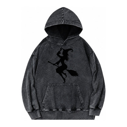 202308151409 Witch On Broom 4 Vintage Washed Hoodie – Black