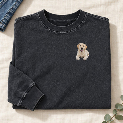 Labrador Lying Down Left Chest Washed Long Sleeve T-Shirt – Black