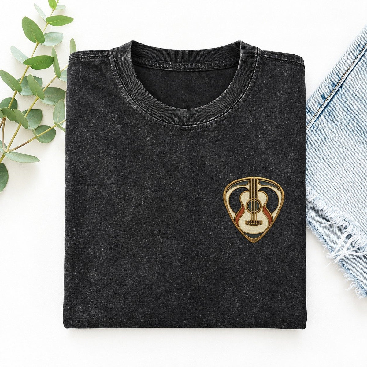 Guitar Pick And Strings Keepsake Emblem Left Chest Vintage T-shirt – Black