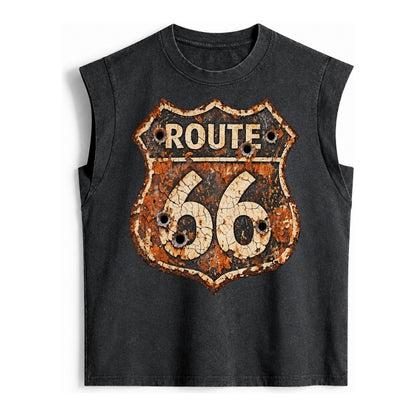 Weathered Marker Rust Aged Route 66 Sign Desert Sun Bleached Vintage Washed Tank – Black