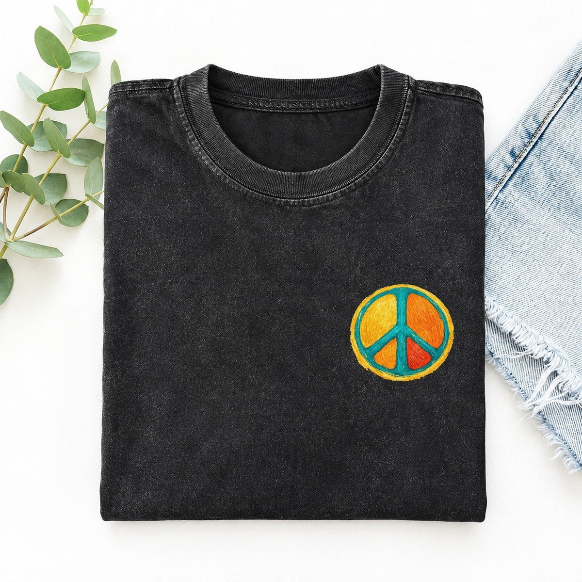 Golden Peace Left Chest Vintage T-shirt – Black