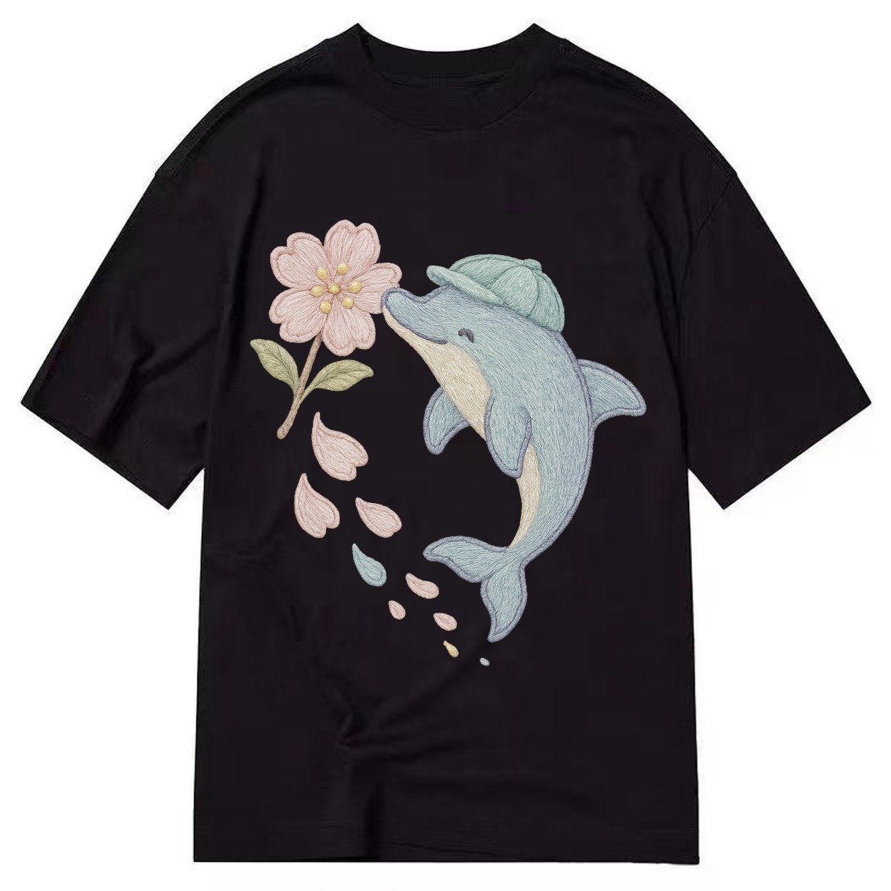 Dolphin Sakura Leap Leaping Through Blossoms Pale Aqua Cap C Classic T-shirt – Black