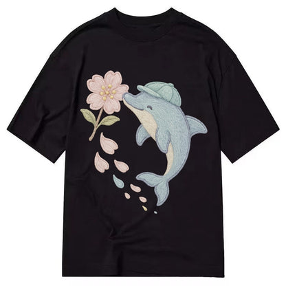 Dolphin Sakura Leap Leaping Through Blossoms Pale Aqua Cap C Classic T-shirt – Black