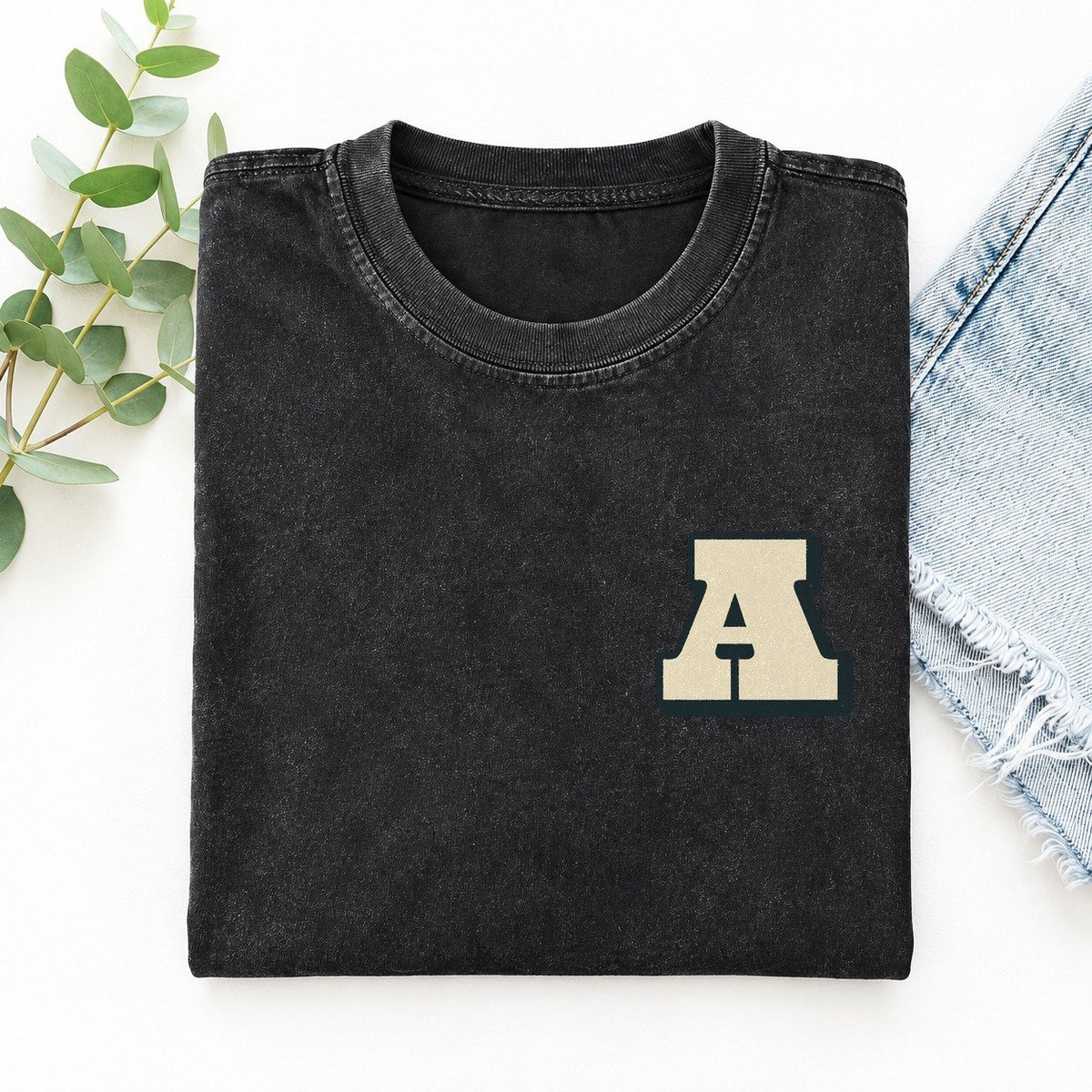 Initial A Left Chest Vintage T-shirt – Black