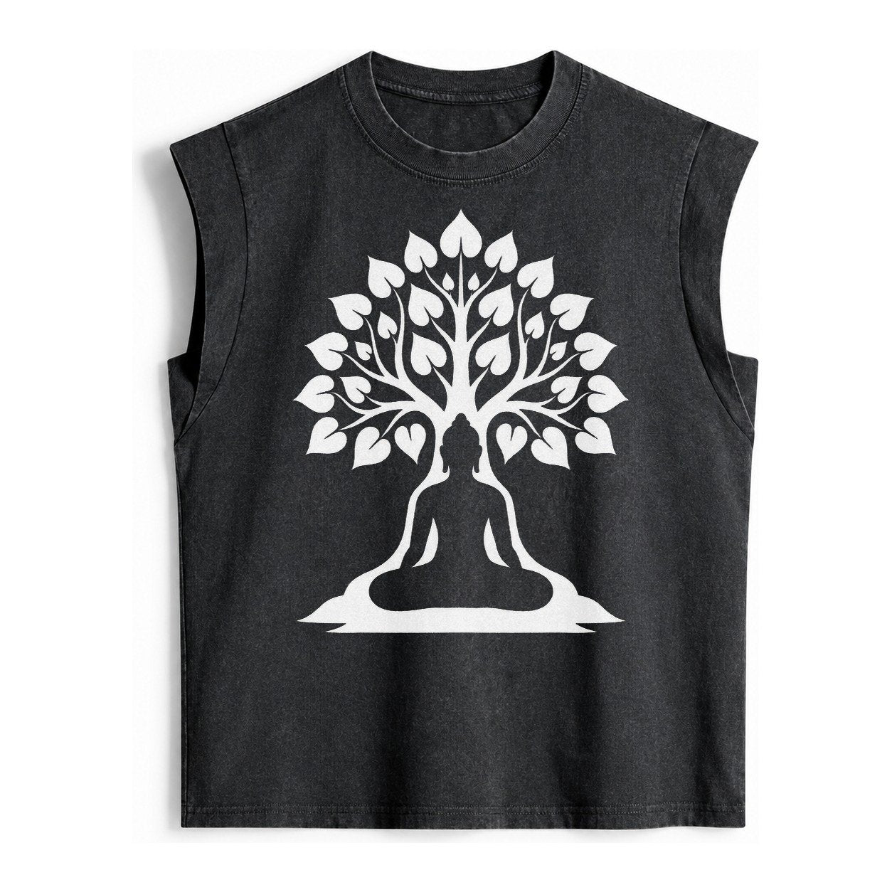 Buddha Silhouette Meditating Negative Space Forms Bodhi Tree Vintage Washed Tank – Black