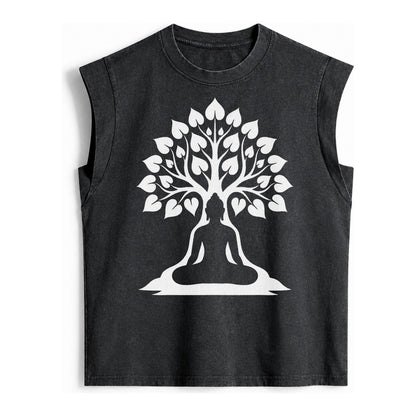 Buddha Silhouette Meditating Negative Space Forms Bodhi Tree Vintage Washed Tank – Black