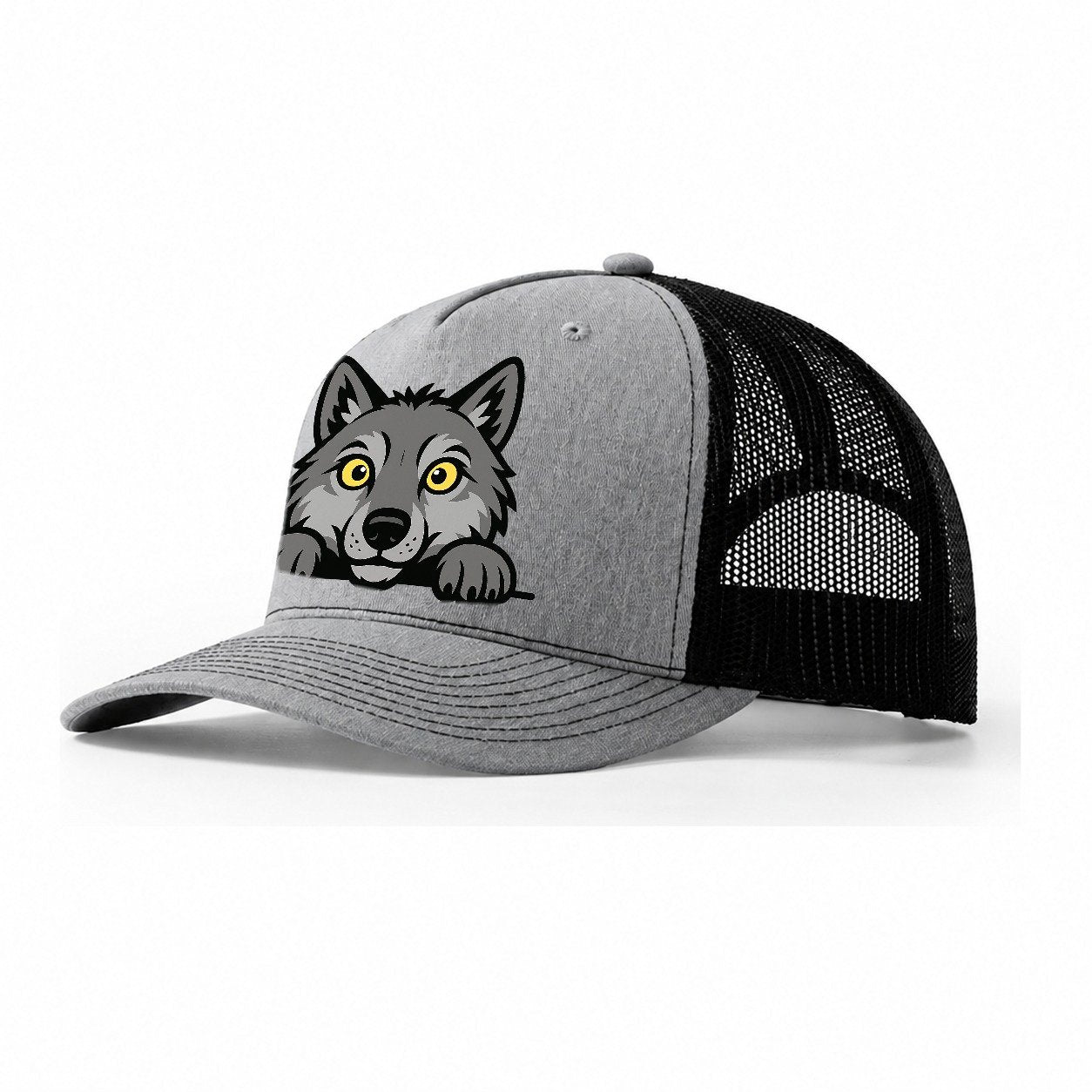 Wolf Intense Yellow Eyes Gray Fur Pointed Ears Powerful Paws Trucker Hat – Sport Grey-Black